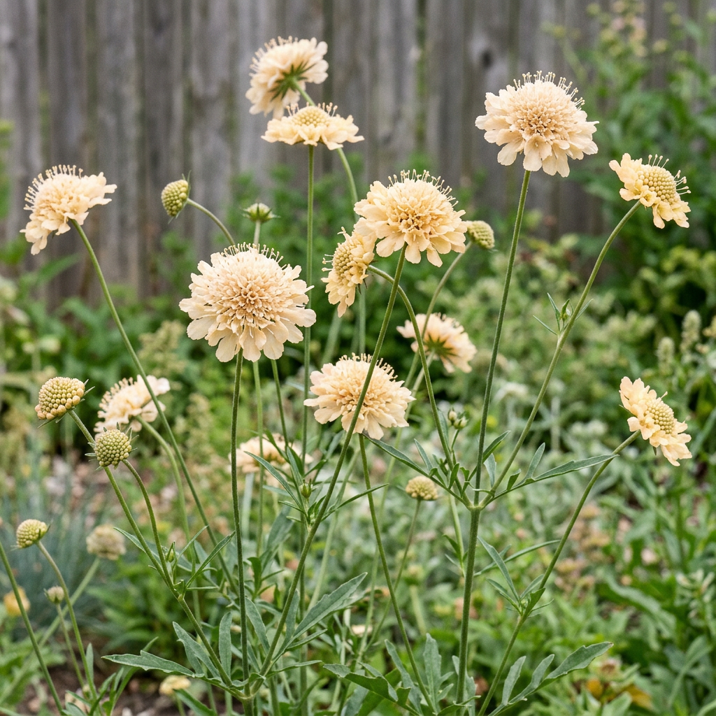 Scabiosa atropurpurea Fata Morgana in a softly lit cottage garden