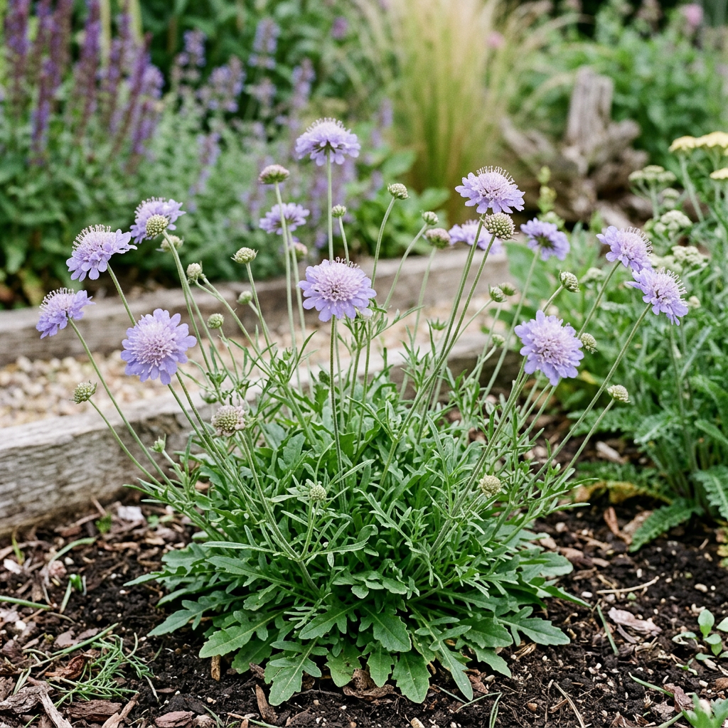 Scabiosa columbaria Blue Note in a softly lit garden border