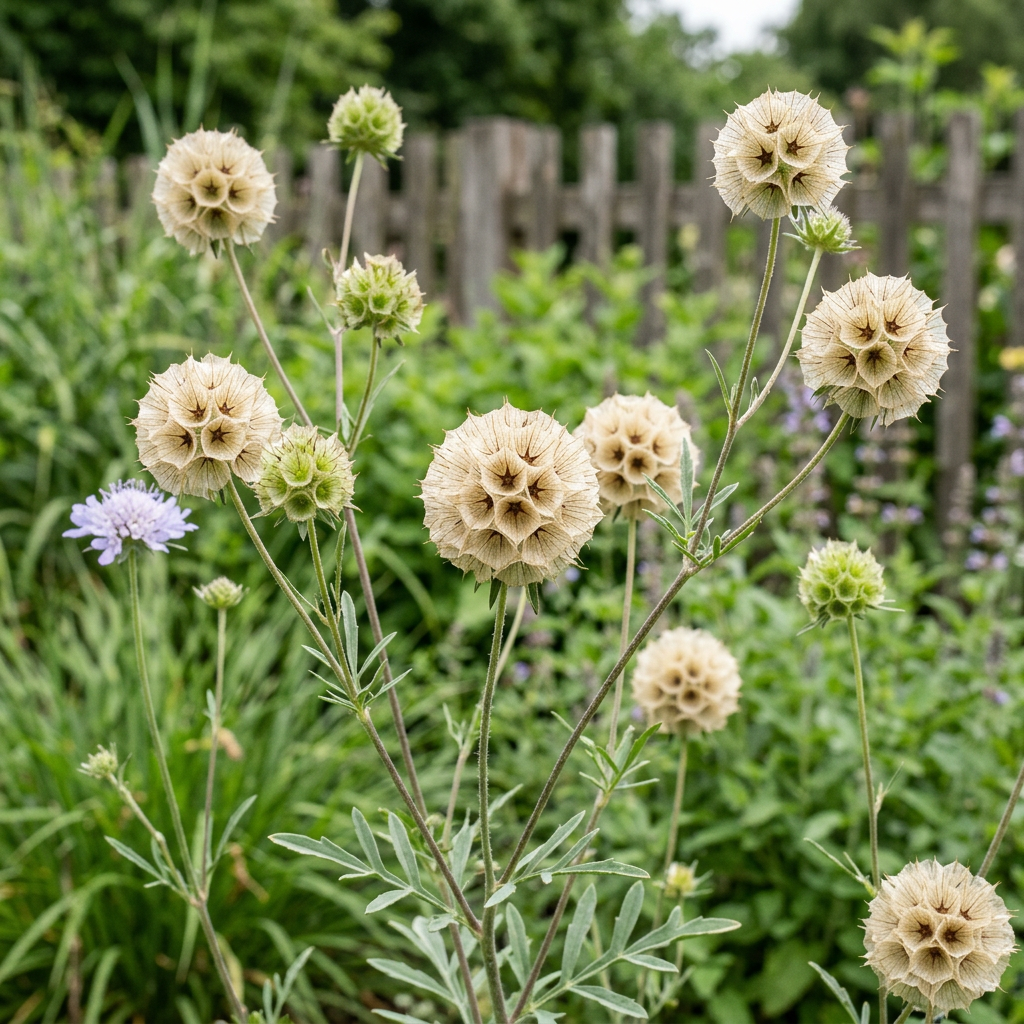 Scabiosa stellata with papery star-patterned seed heads