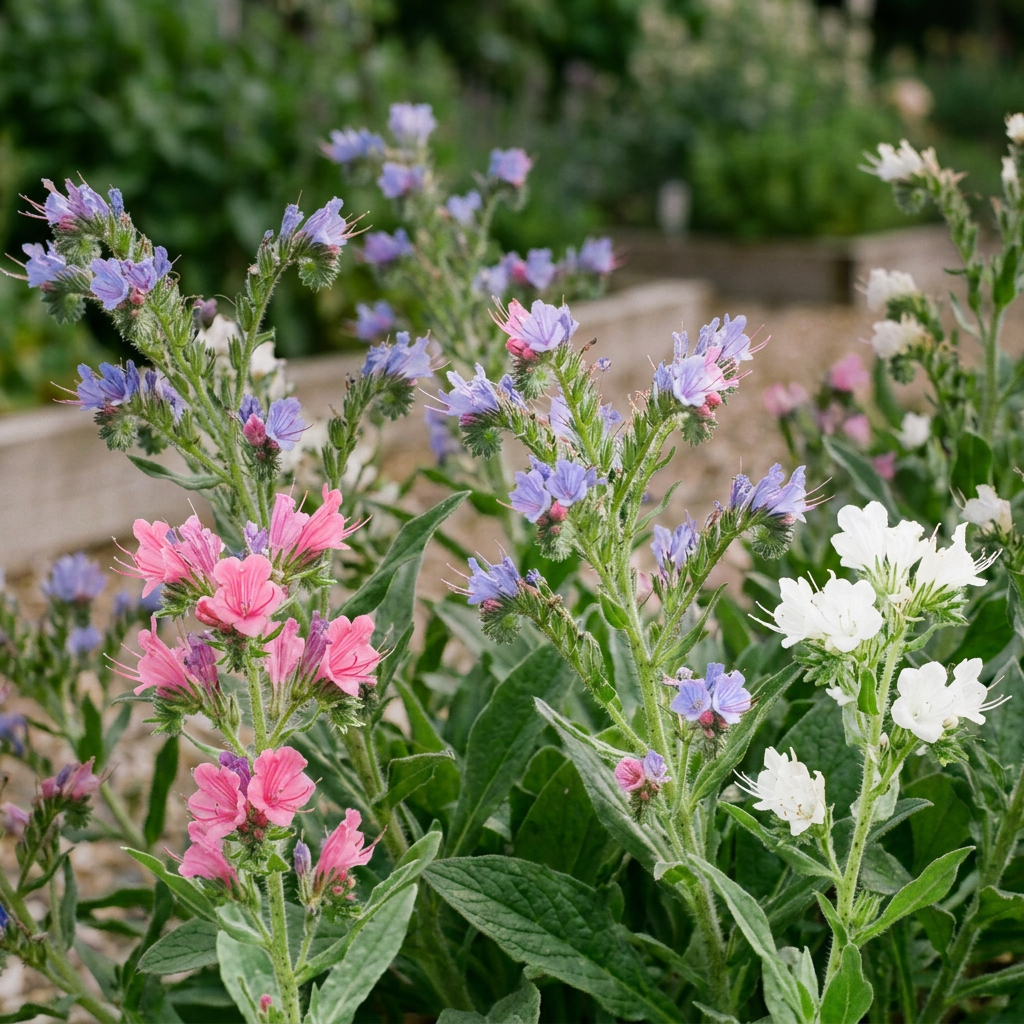 Square Echium Cottage Charm with blue, pink and white blooms against a deeper green background