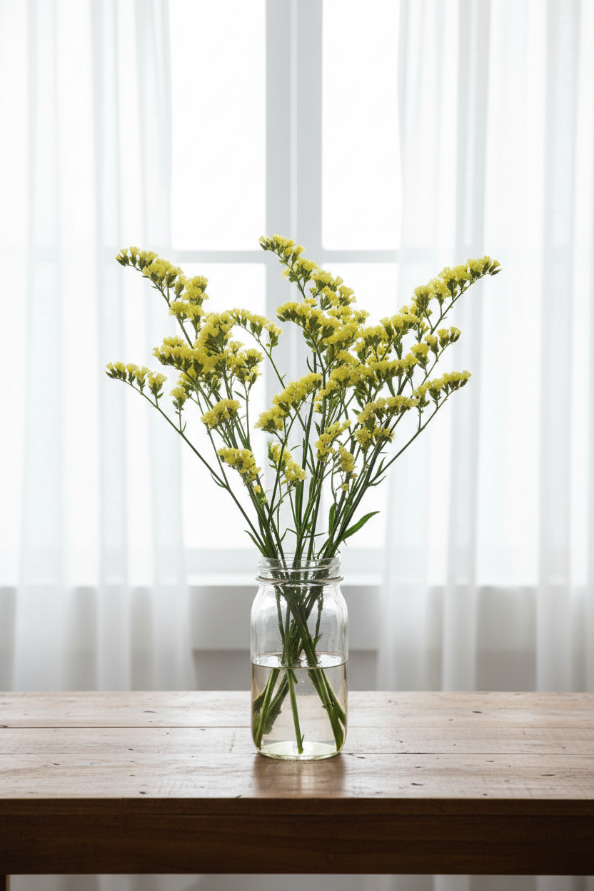Statice Forever Moonlight in mason jar, stems splaying naturally