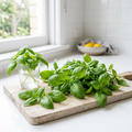 Sweet basil on a bright white kitchen bench