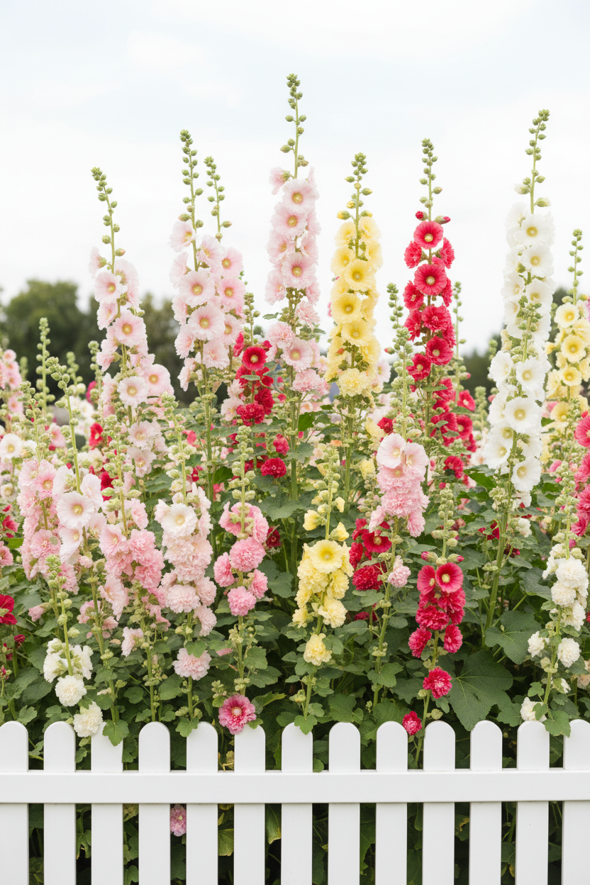 Tall Double Hollyhocks — pale pink