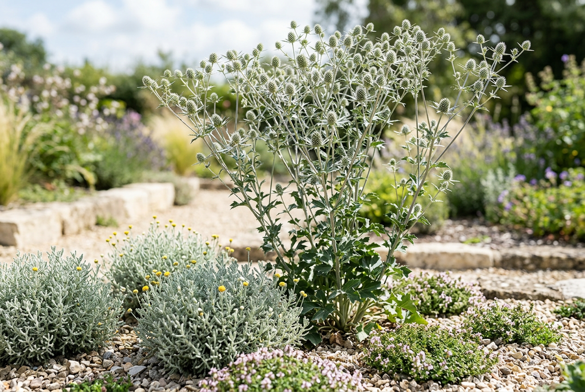 Tall Silver Salentino sea holly rising above low santolina and thyme in a sunny gravel border