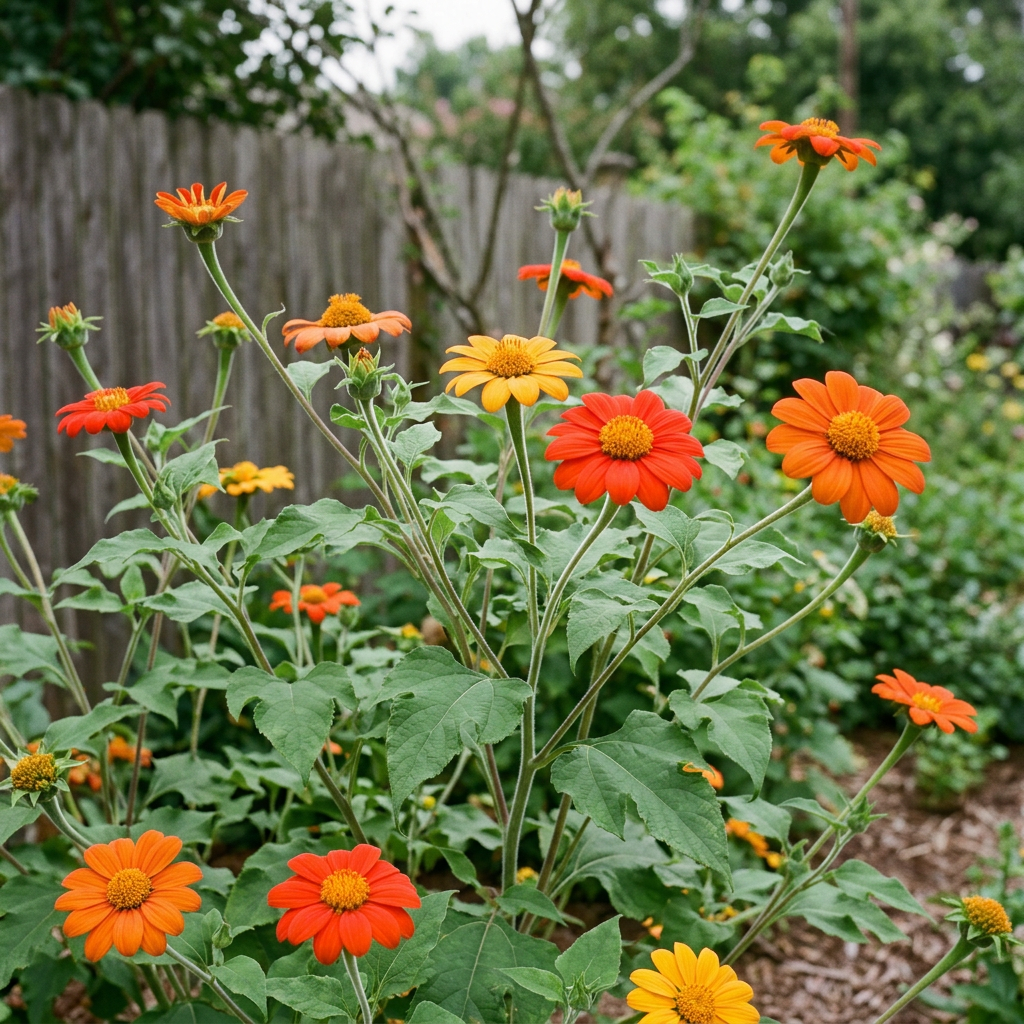 Tithonia Mexican Sunflower Mix in a softly lit cottage garden