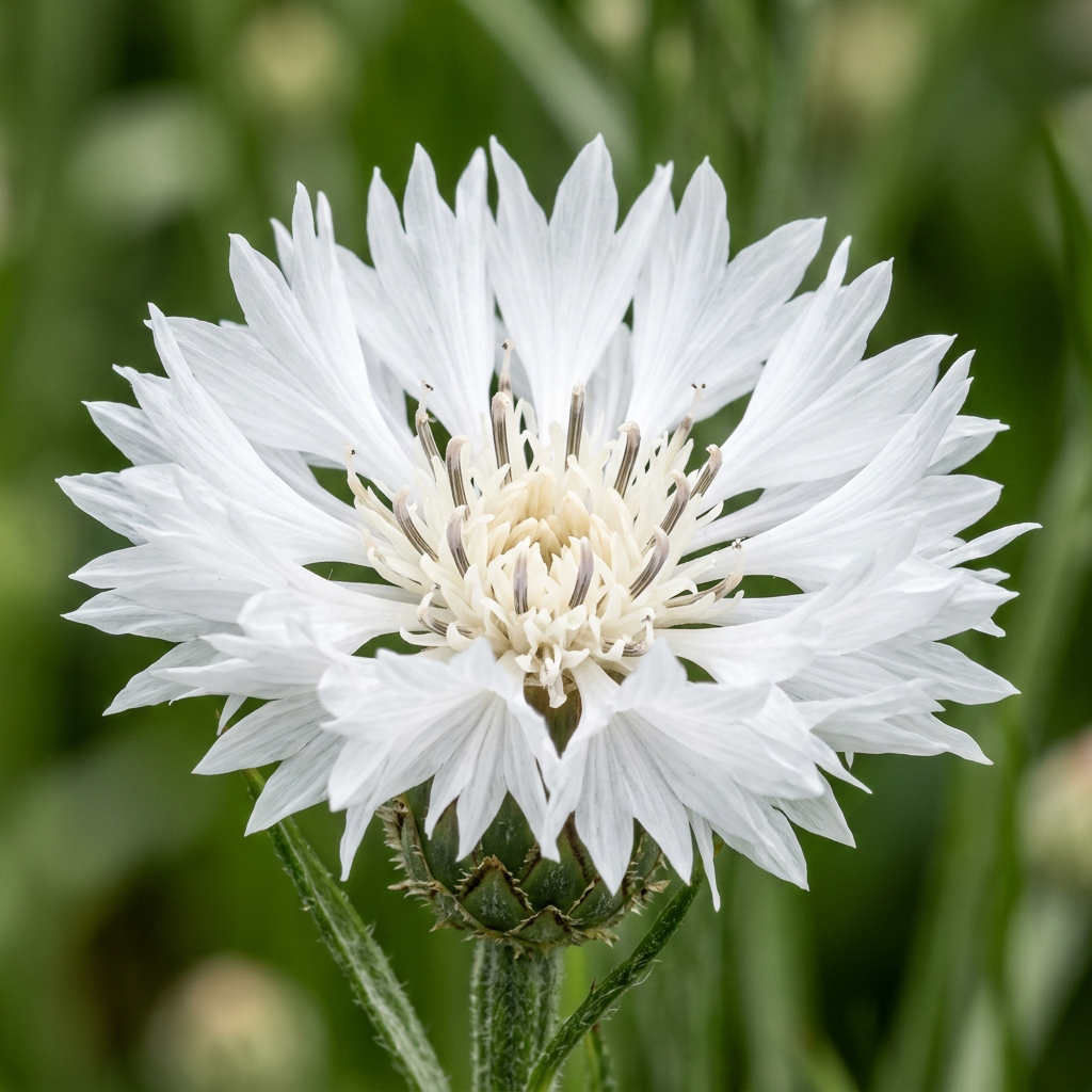 White cornflower close-up with minimal greenery