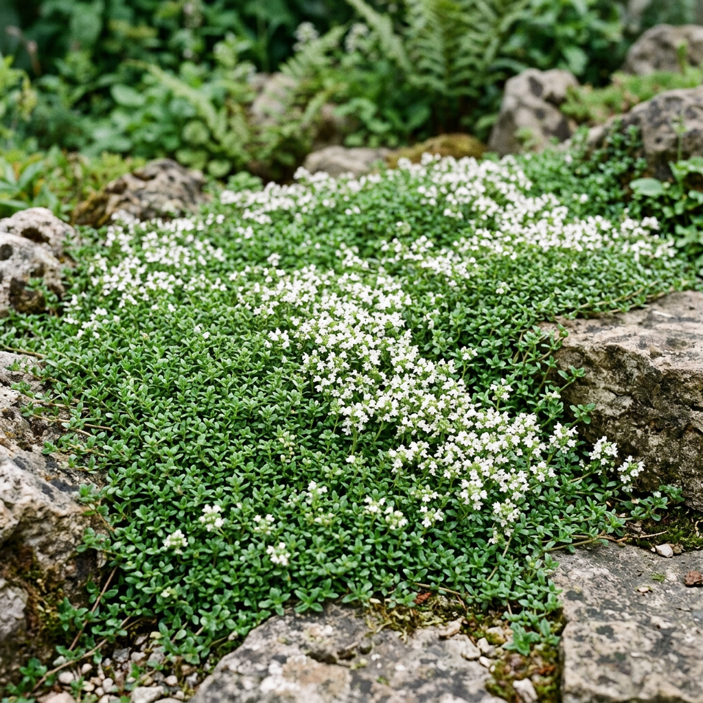 White creeping thyme flowering between garden stones