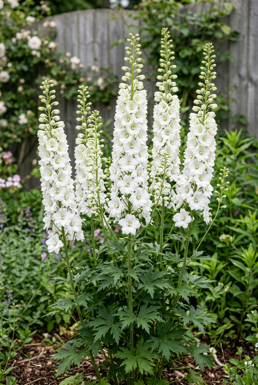 White Delphinium Galahad in a softly lit cottage garden