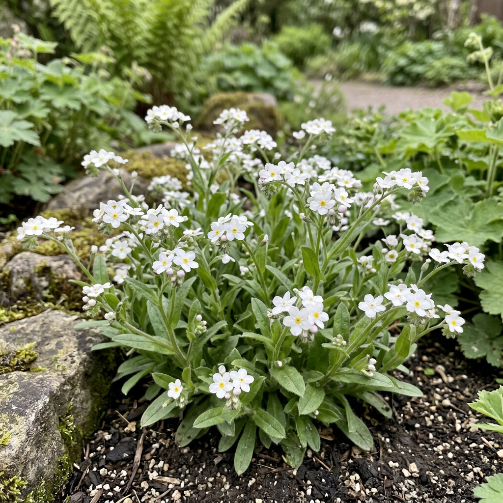 White Myosotis alpestris forget-me-nots in a softly lit garden
