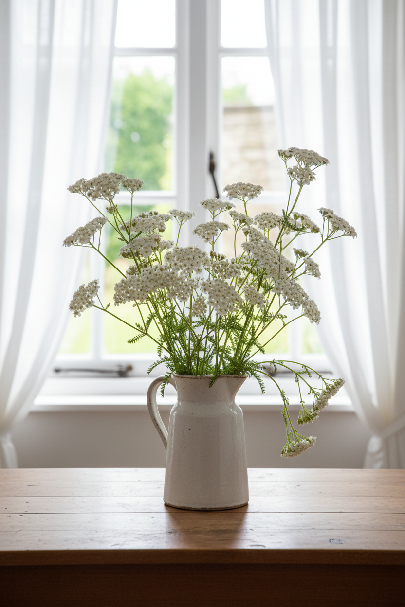 White Yarrow, ceramic jug, white blooms